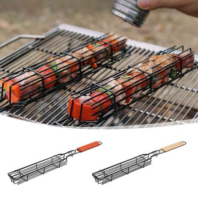 Gabbia per barbecue con manico in legno per esterni, griglia per barbecue da campeggio per carne e verdure, griglia per picnic, grigliate a carbonella, griglia per salsicce