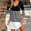 Women's Fashion Casual V-Neck Striped Plaid Print Pocket Three-quarter Sleeve Dress