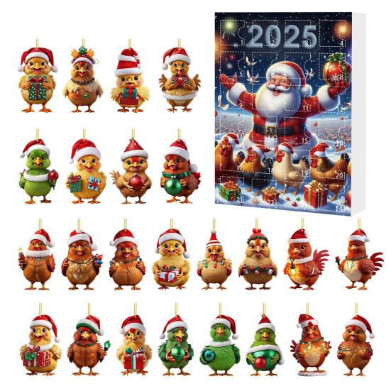 2025 Christmas Advent Calendar Chicken Ornaments 24 Days Countdown Calendar Christmas Tree Decoration 2D Acrylic Collectible Cartoon Chicken Set