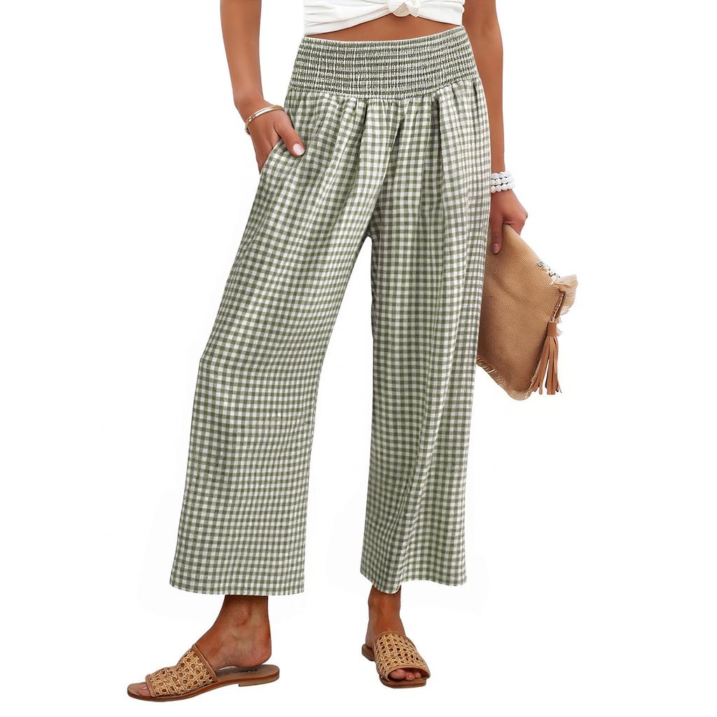 Women's Fashion Loose Pleated Elastic Waist Pocket Checkered Casual /10 Pants