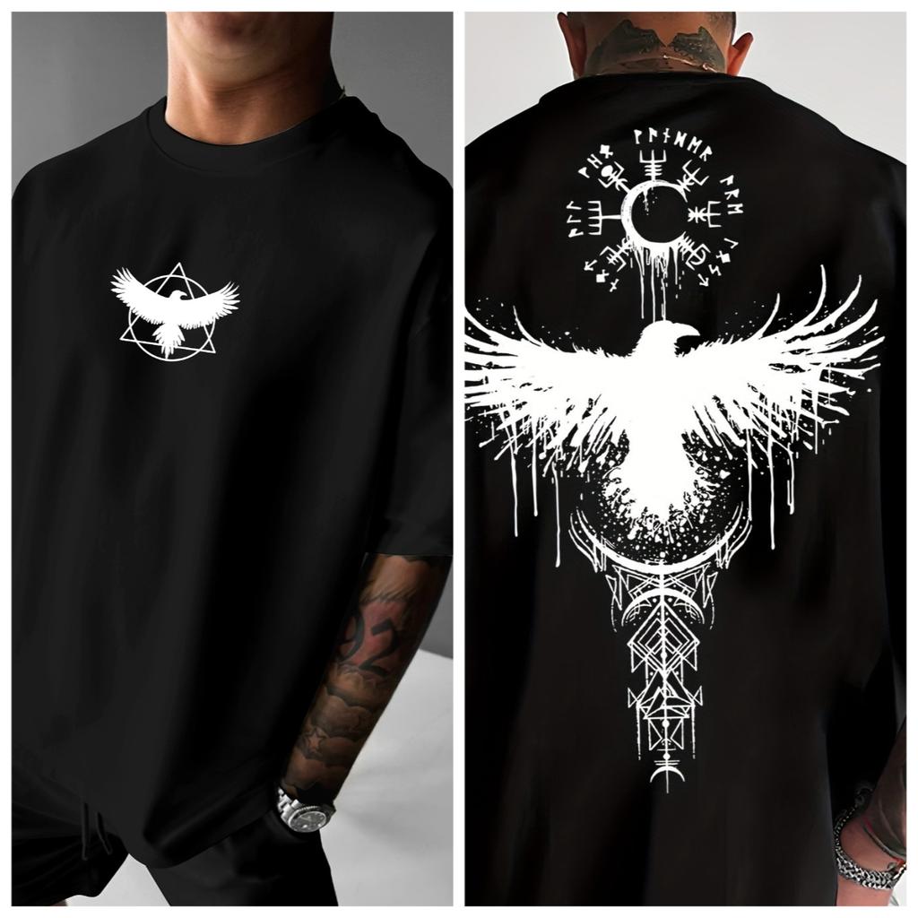 Men Raven Totem Graphic T-Shirt Breathable Summer Streetwear Tee with Geometric Tribal Print Light Yellow