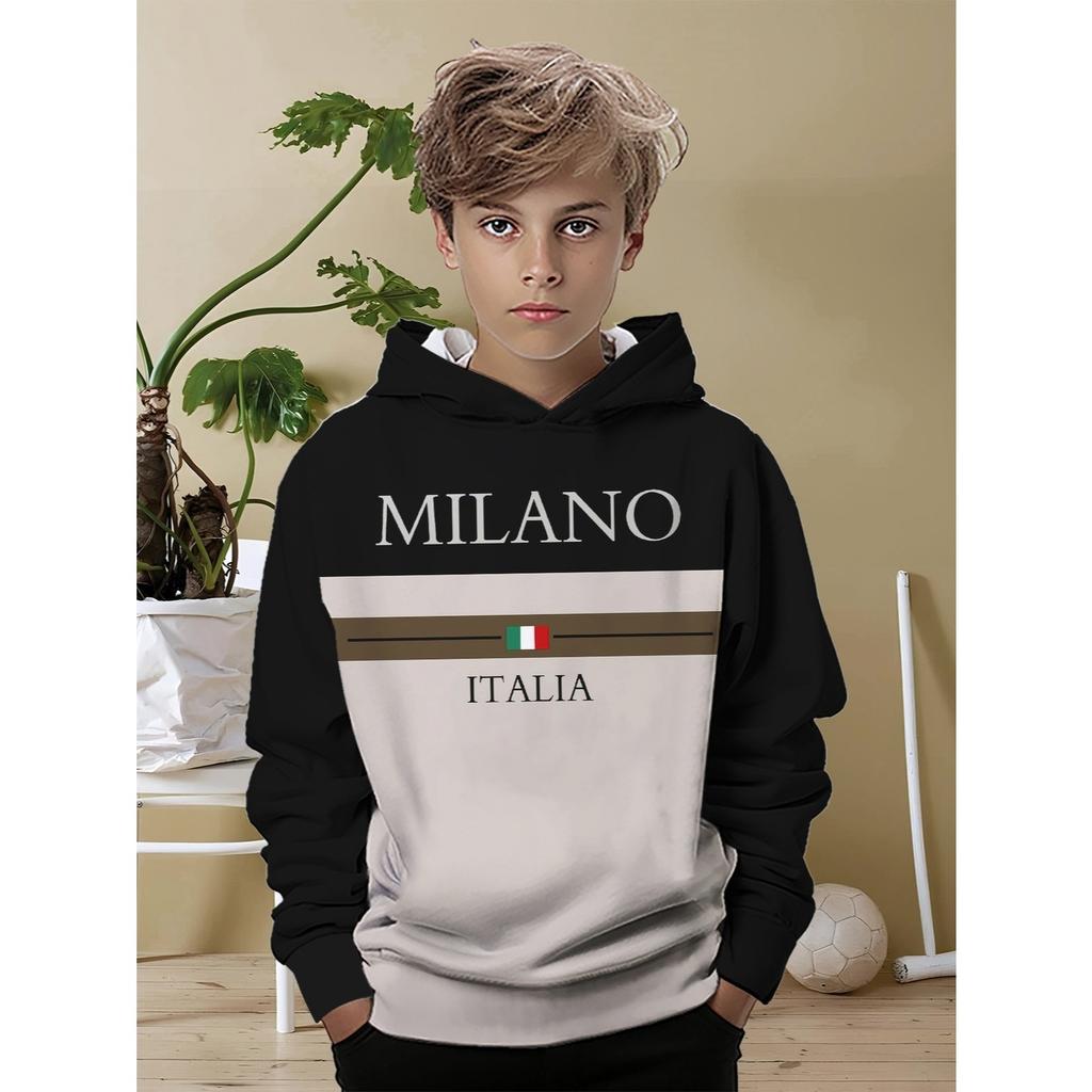 Boys' hooded top with simple striped splicing design, versatile hooded children's clothing