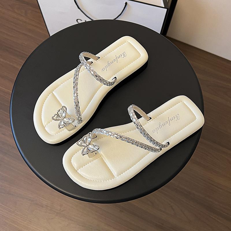 

Rhinestone cover toe silver cool slippers female 2025 new summer wear fairy style with skirt flat beach shoes 40 бежевий