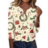Women's Fashion Casual Christmas Print V-Neck Button Three-Quarter Sleeve T-Shirt