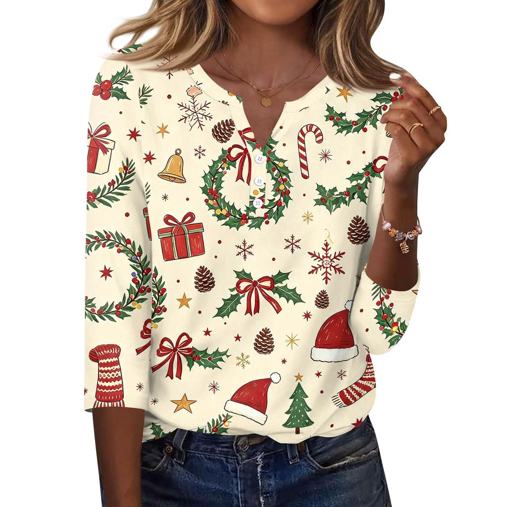 Women's Fashion Casual Christmas Print V-Neck Button Three-Quarter Sleeve T-Shirt
