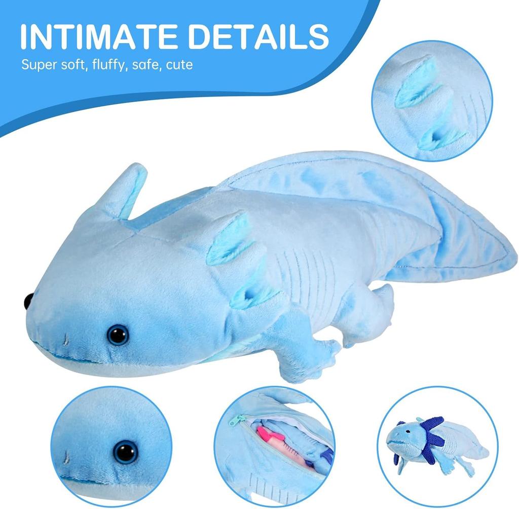 ZHONGXIN MADE Soft Axolotl Plush Toy Set with Cute Axolotl Stuffed Gift for Friends and Blue 3-Piece Zipper, Animals, Kids,