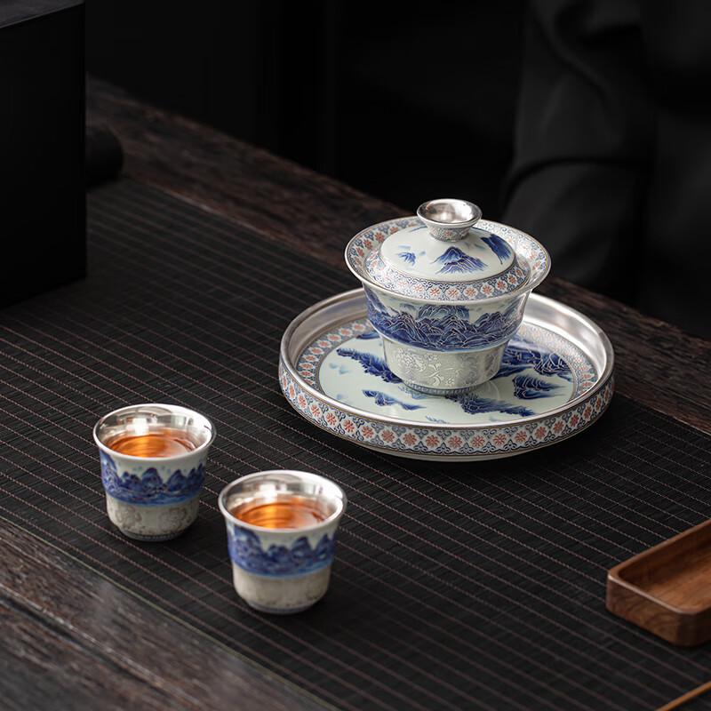 Master Zheng Wenqiang Gilded Silver Ceramic Gaiwan Tea Set