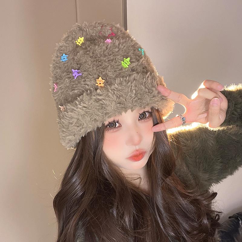 

Women s Autumn and Winter Korean Version of Wool Hat Showing Face Small Warm Plush Hat Korean Version Big Head Ear Protection Knit Hat M（56-58cm）