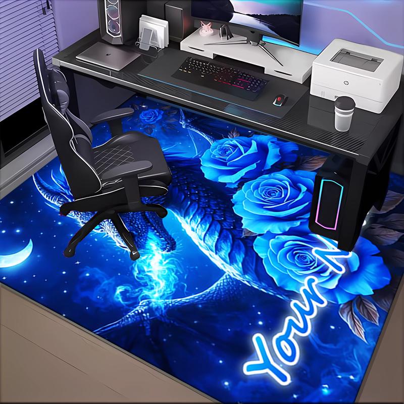 1PC Custom Name Blue Dragon Roses Night Theme Floor Mat Ideal for Living Room, Game Rooms, Office, Bedroom,Floor Mat Playful Design