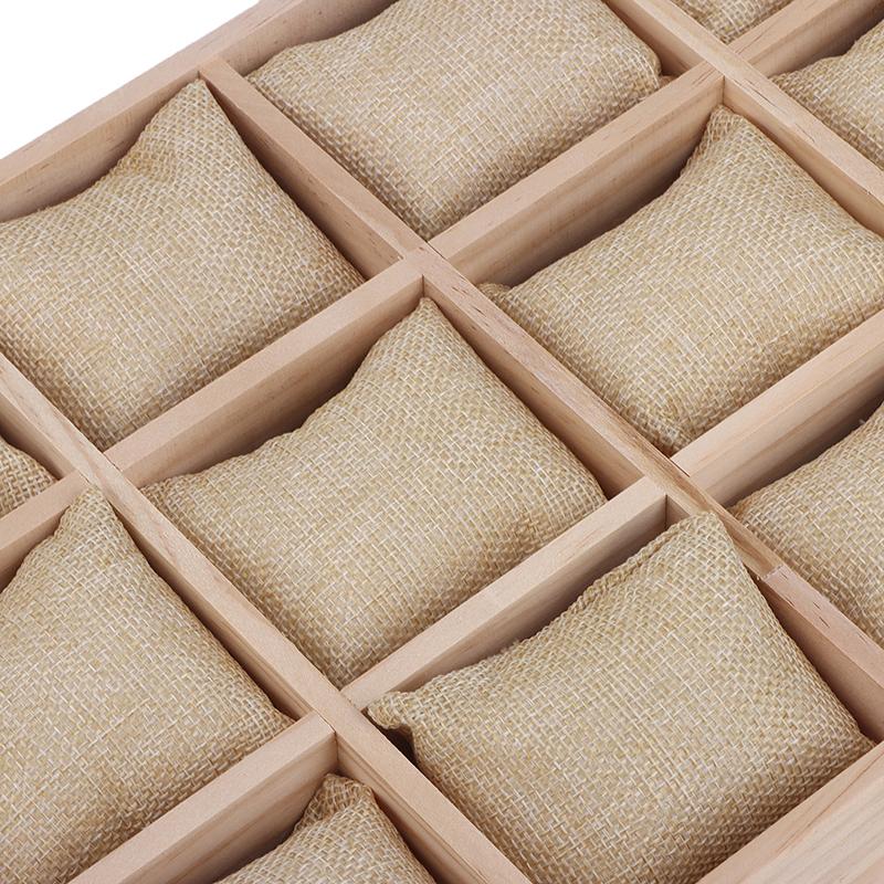 Drewniany 12-miejscowy organizer na zegarki, biżuterię i bransoletki z wyjmowanymi poduszkami flanelowymi