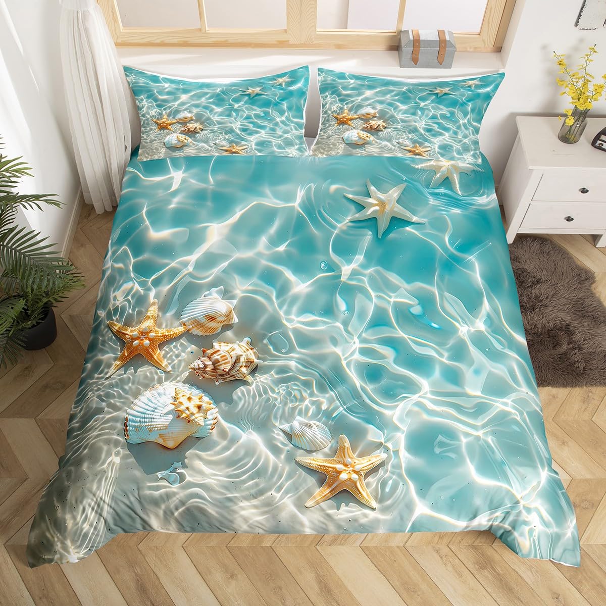Beach Starfish Duvet Cover Twin Cute Ocean Creatures Bedding Set Tropical Beach Sea Shells Print Comforter Cover with Pillowcase 135x200cm