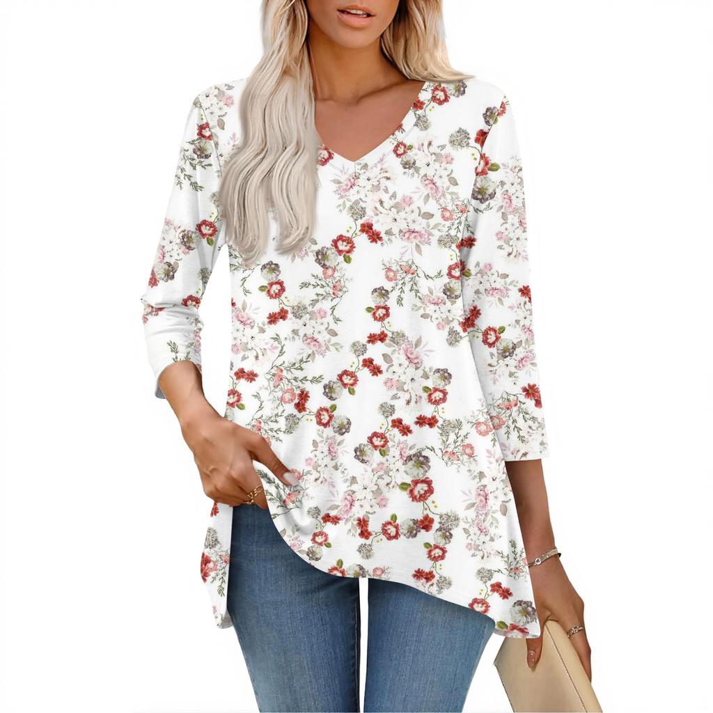 Dámské topy s výstřihem do V a 3/4 rukávem, ležérní košile střední délky, módní tuniky s potiskem