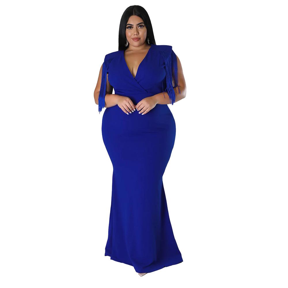 Plus Size Women's V-Neck Tassel Long Sleeve Slimming Dress