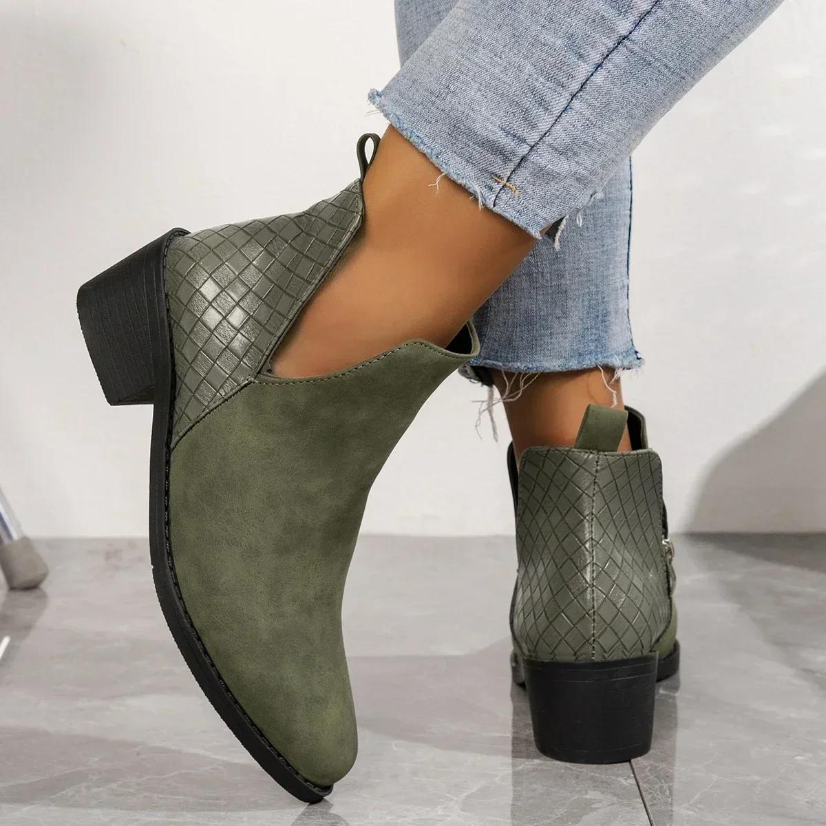 

Fashion Suede Zipper Ankle Boots for Women 2025 New Pointed Women Shoes Woven Patchwork Female Boot Concise Square Heel Chelsea Boots 43 зелёный