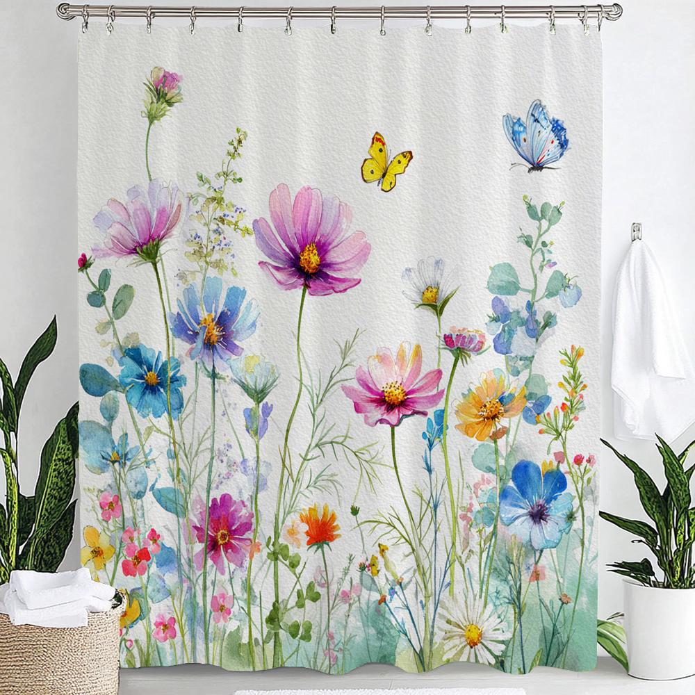 Colorful Flowers Shower Curtain for Bathroom Spring Floral Romantic Wildflower Plants Nature Scenery Decor Curtain with Hooks