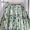 Prairie Chic Spring Summer Women Midi Skirt High Waist Green Floral Print Fresh Skirt Cotton Vintage Ladies' A-Line Skirt
