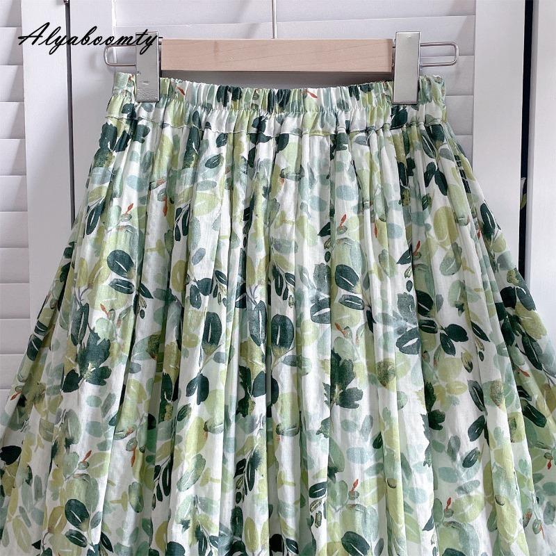 Prairie Chic Spring Summer Women Midi Skirt High Waist Green Floral Print Fresh Skirt Cotton Vintage Ladies' A-Line Skirt