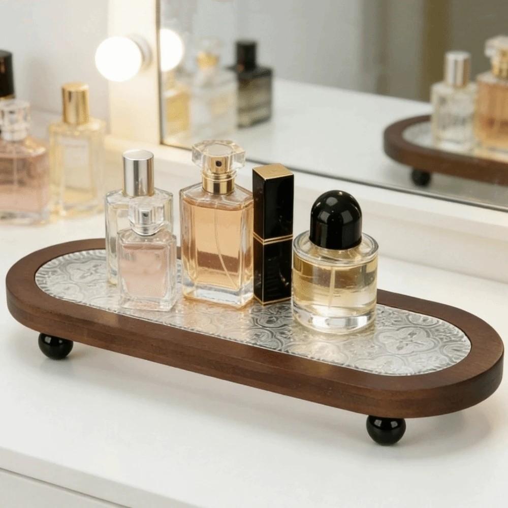 Large Capacity Oval Wooden Decorative Tray Round Ball Feet Jewelry Perfume Display Tray Bedroom