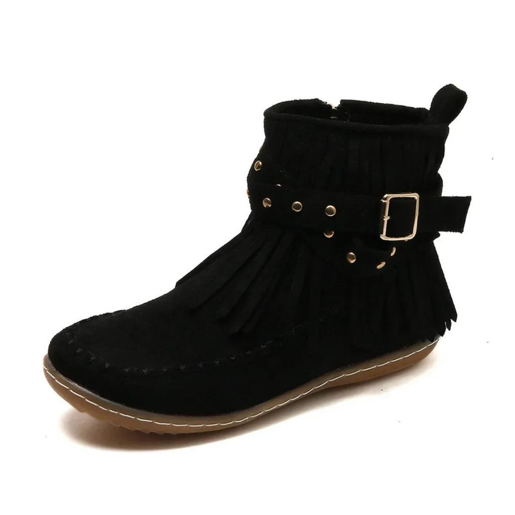 Retro Women Tassels Round Toe Short Boots Boots Women Winter Casual Flat Rivet Buckle Flat Ankle Boots Warm Shoes Footwear