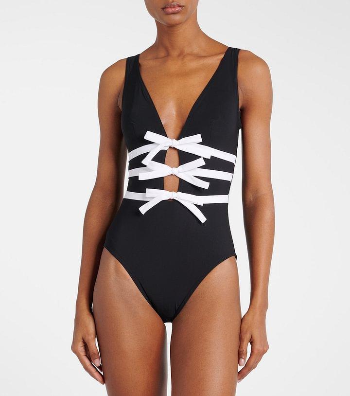 1011 European and American New Fast-selling Black and White V-neck Bow Hollow One-piece Swimsuit Female Thin 11191