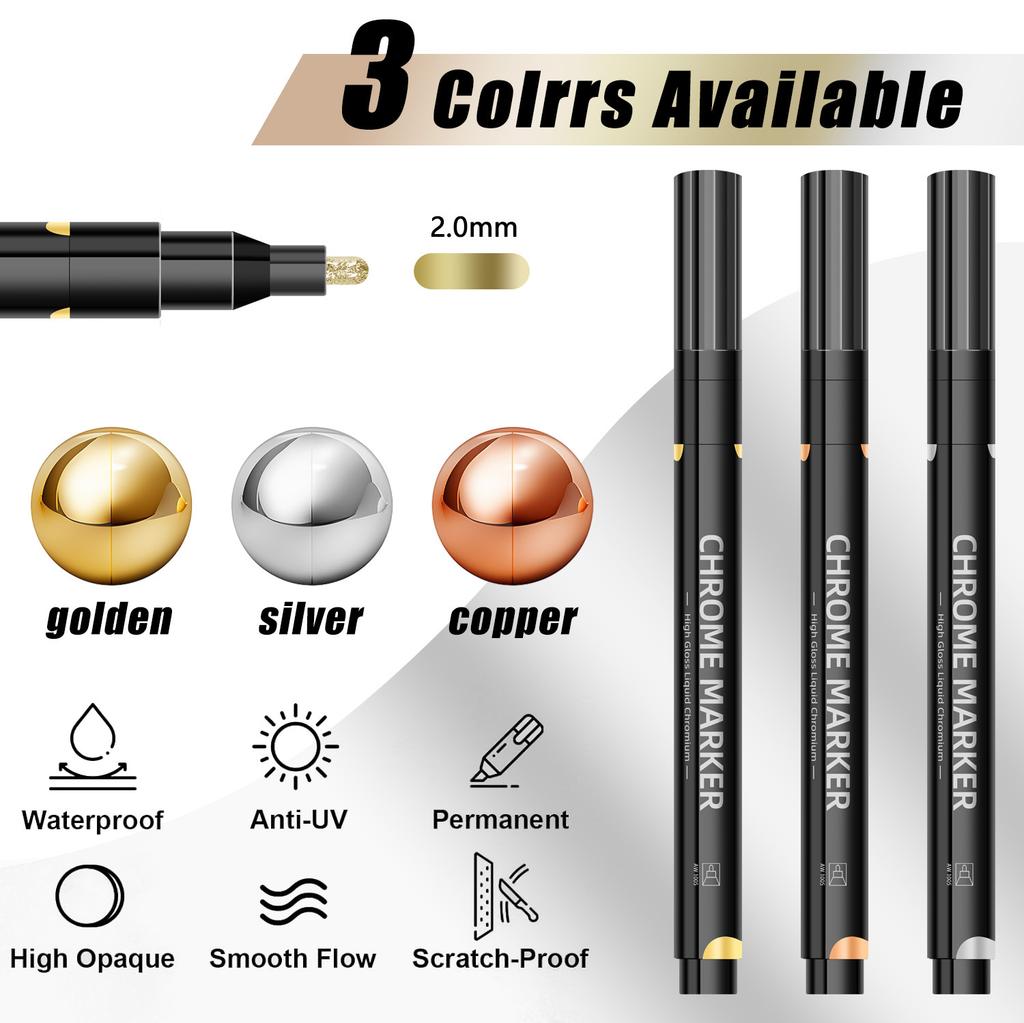 3/1pcs Chrome Pen Markers Mirror Waterproof Paint Repair For Rock Ceramic Glass Metallic Gold Silver Copper 2mm Nib