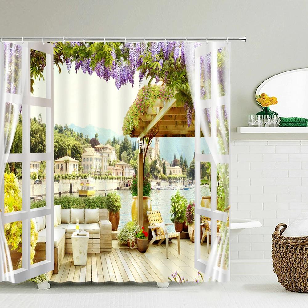 Flowers Garden Landscape Shower Curtain European Retro Rural Scenery Wall Decor Hanging Curtain Waterproof Bathroom Curtains