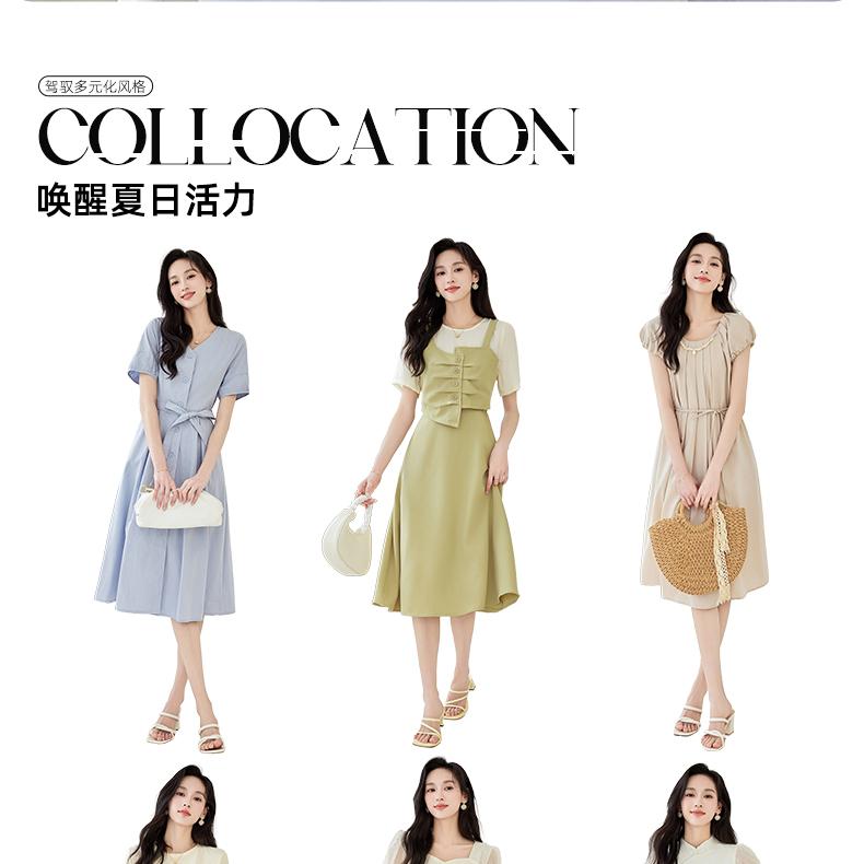 Summer new French style high-end V-neck with visible thread design, tie up, waist cinching, slimming effect, slit, lightweight and cool dress