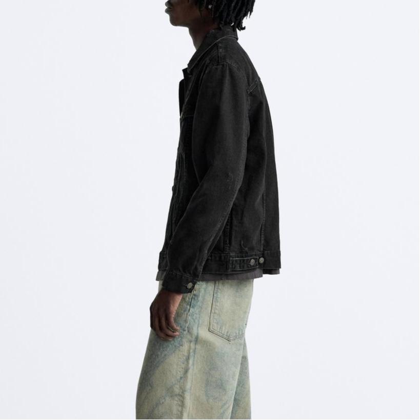 Zara Casual Ripped Lapel Long Sleeve Denim Jacket Men jackets Black 1538470-800