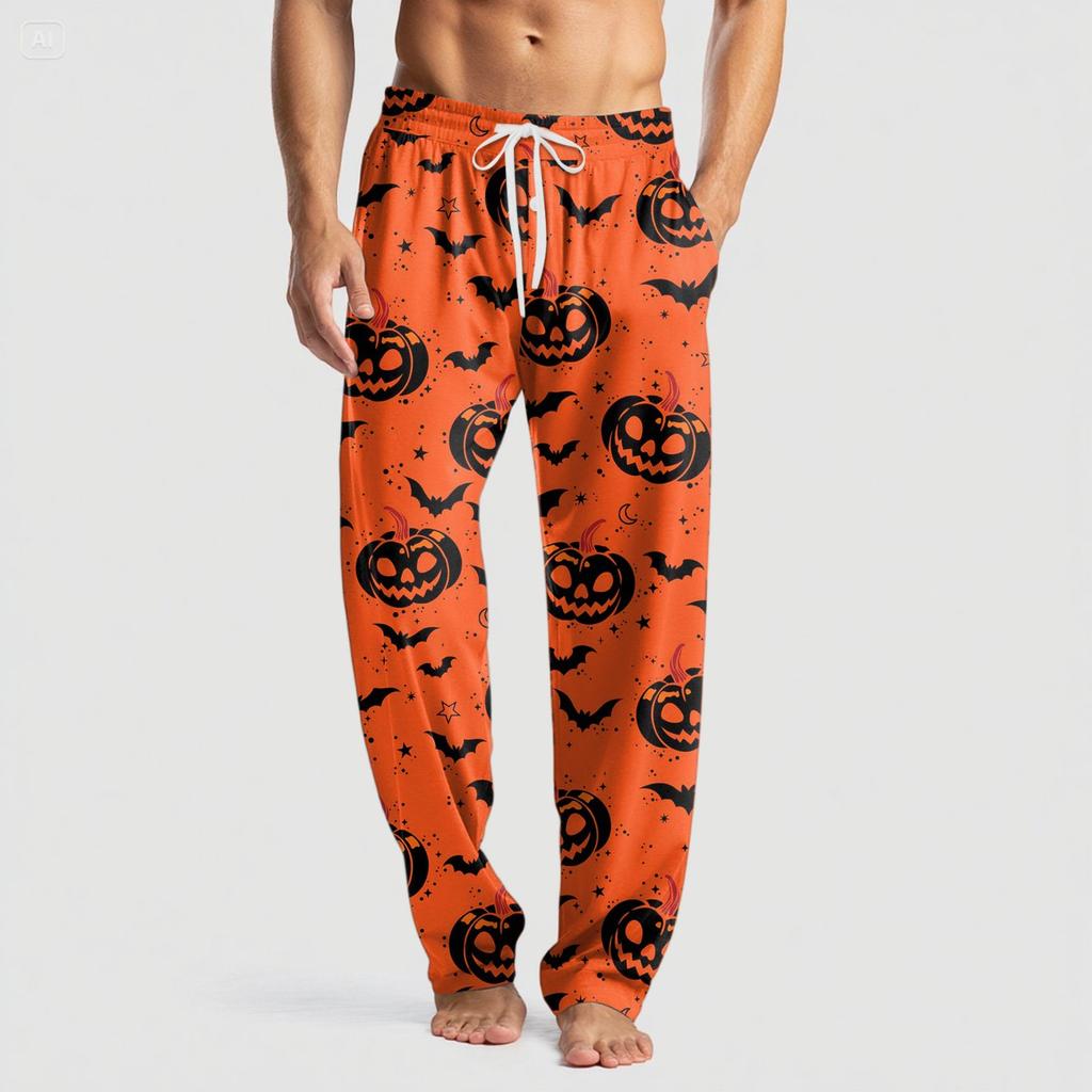 Men's Knitted Halloween Print Pocket Casual Pants Pajama Pants