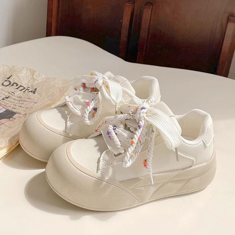 Milk Fufu with Skirt Little White Shoes Women's Autumn 2024 Round Head Ugly Cute Shoes Casual Versatile Low Top Thick Baseplate Shoes