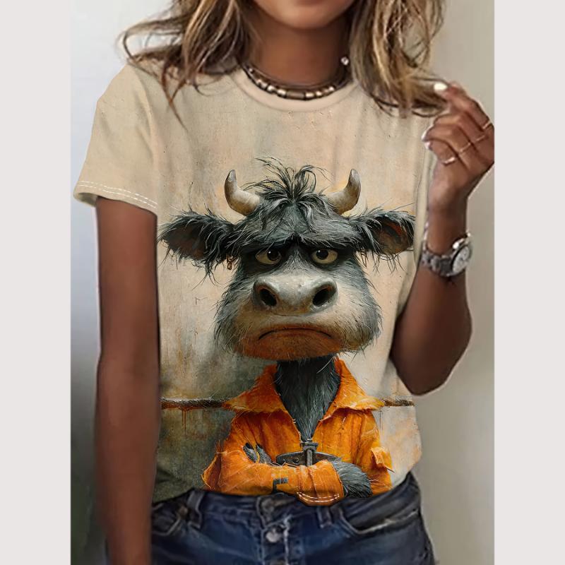 Cartoon T Shirt For Women Animal Pattern Print O-Neck Top Outdoor Fashion Women's T-Shirts Pullover Female Oversized Clothing