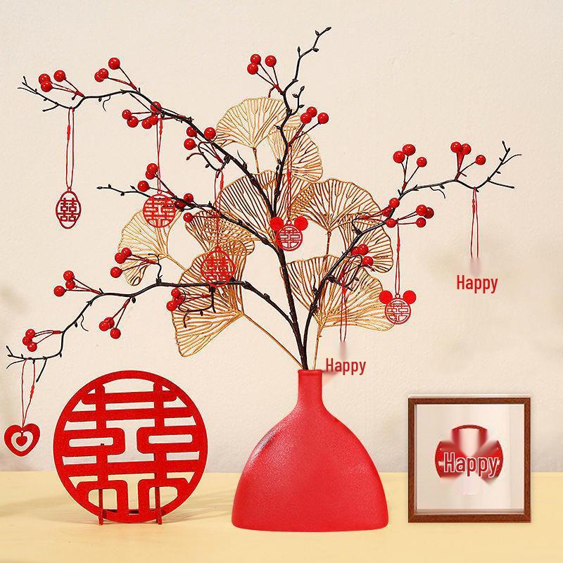 Red Fruit Prosperity Flower Arrangement Figurine for Wedding and Living Room Decor