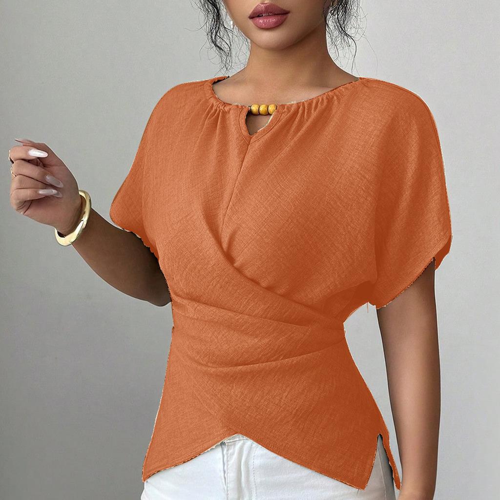Ladies' Fashionable Casual Short Sleeved Slim Fit Cross Casual Temperament Top