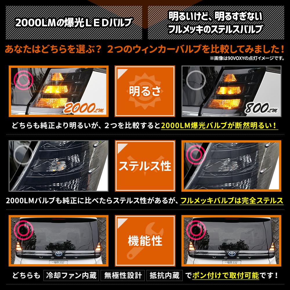 YOURS 90 Series Voxy LED Turn Signal Bulbs with Projector and Resistors of Plated Stealth New Voxy 90 Stealth Bulbs for Toyota M Built-in (Set 2)