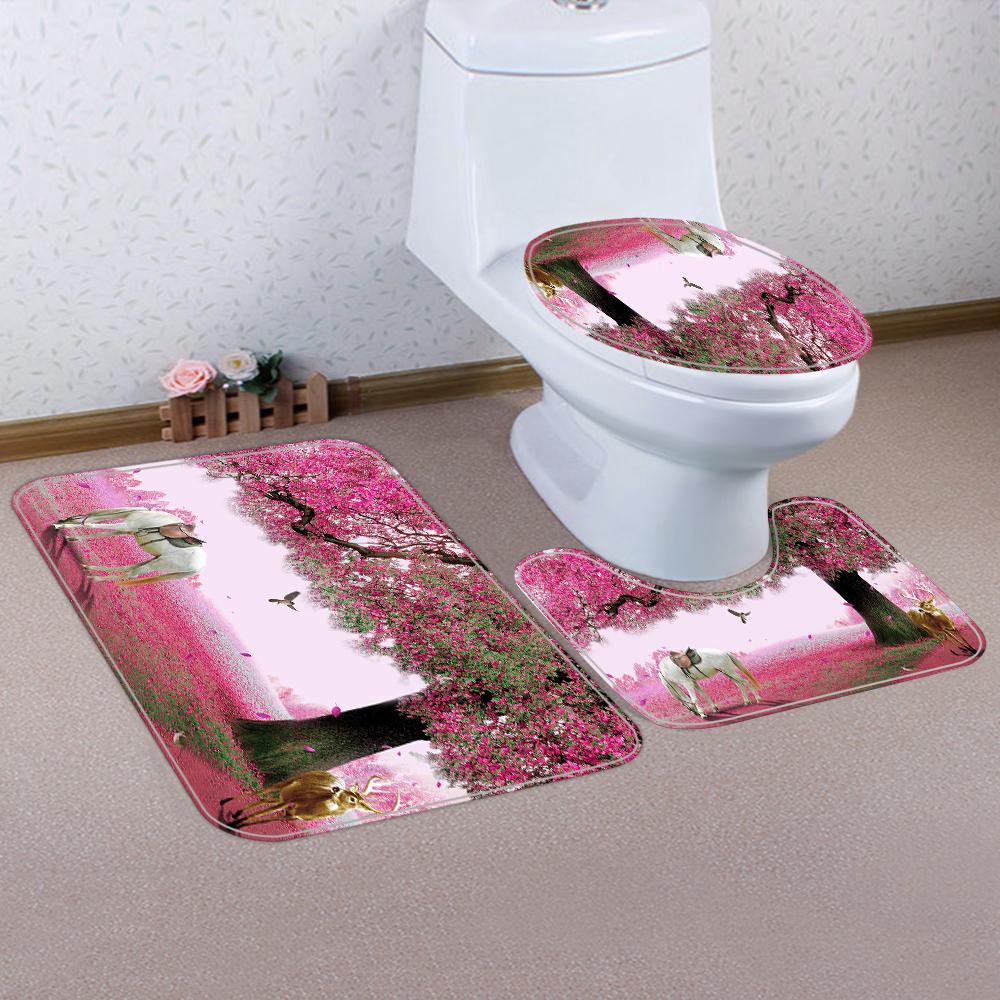 1/4 Pink Tree Shower Curtains, Toilet Seat Decoration, Shower Curtain With Carpet And Toilet Lid, 12 70.8X70.8 Inch Hooks