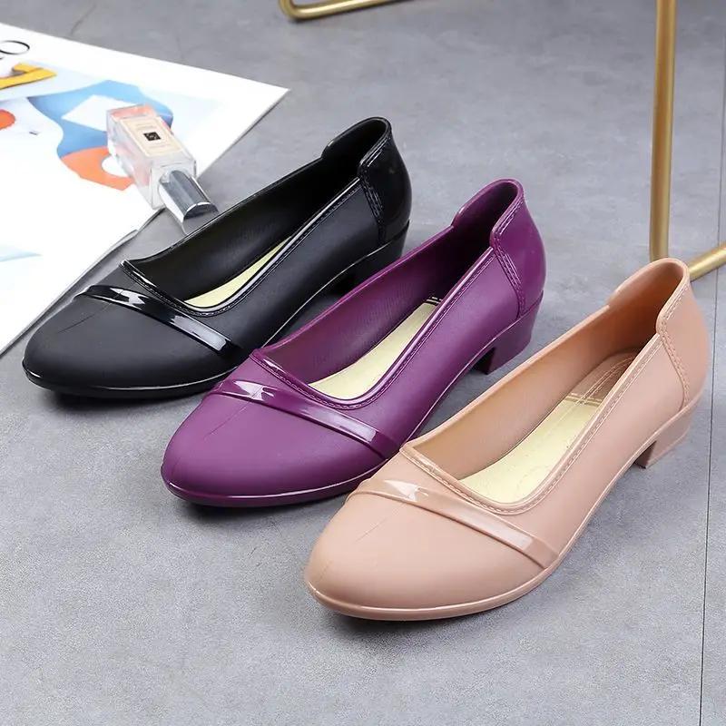 Fashionable Korean-style Adult Low-top Waterproof Shoes Short Tube Rain Shoes Mid-heel Anti-slip Rainboots Kitchen Work Shoes