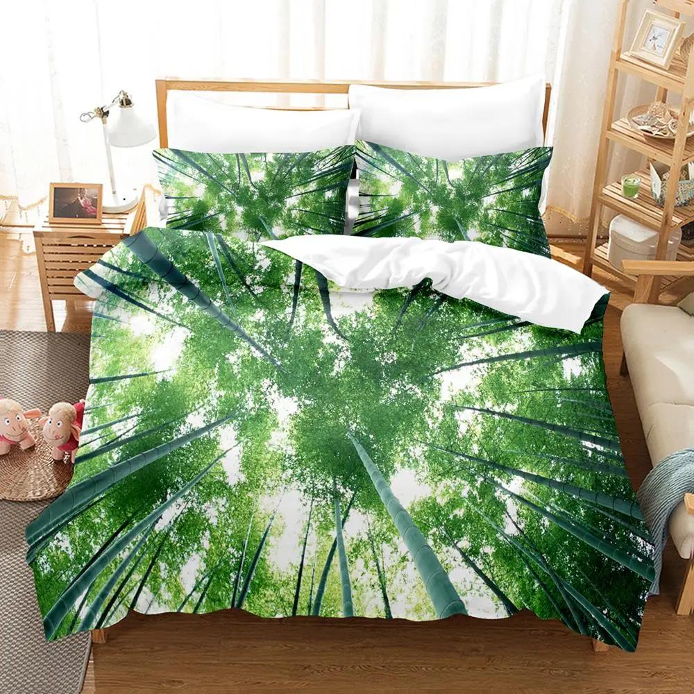 Forest Soft Duvet Cover Set,Forest Featuring Shaded Tres Dreamy Wodlplus Scene,2/3pcs Nature Scenery Beding Set Quen Sized Dimensions,Gren Brown