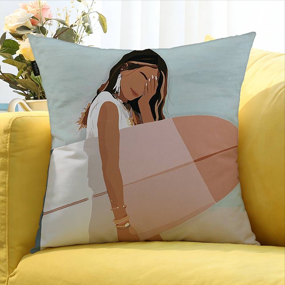 Surfboard Surfing Art Surf Girl Various Sizes Square Pillow Case For Car Home Bedchamber Decor