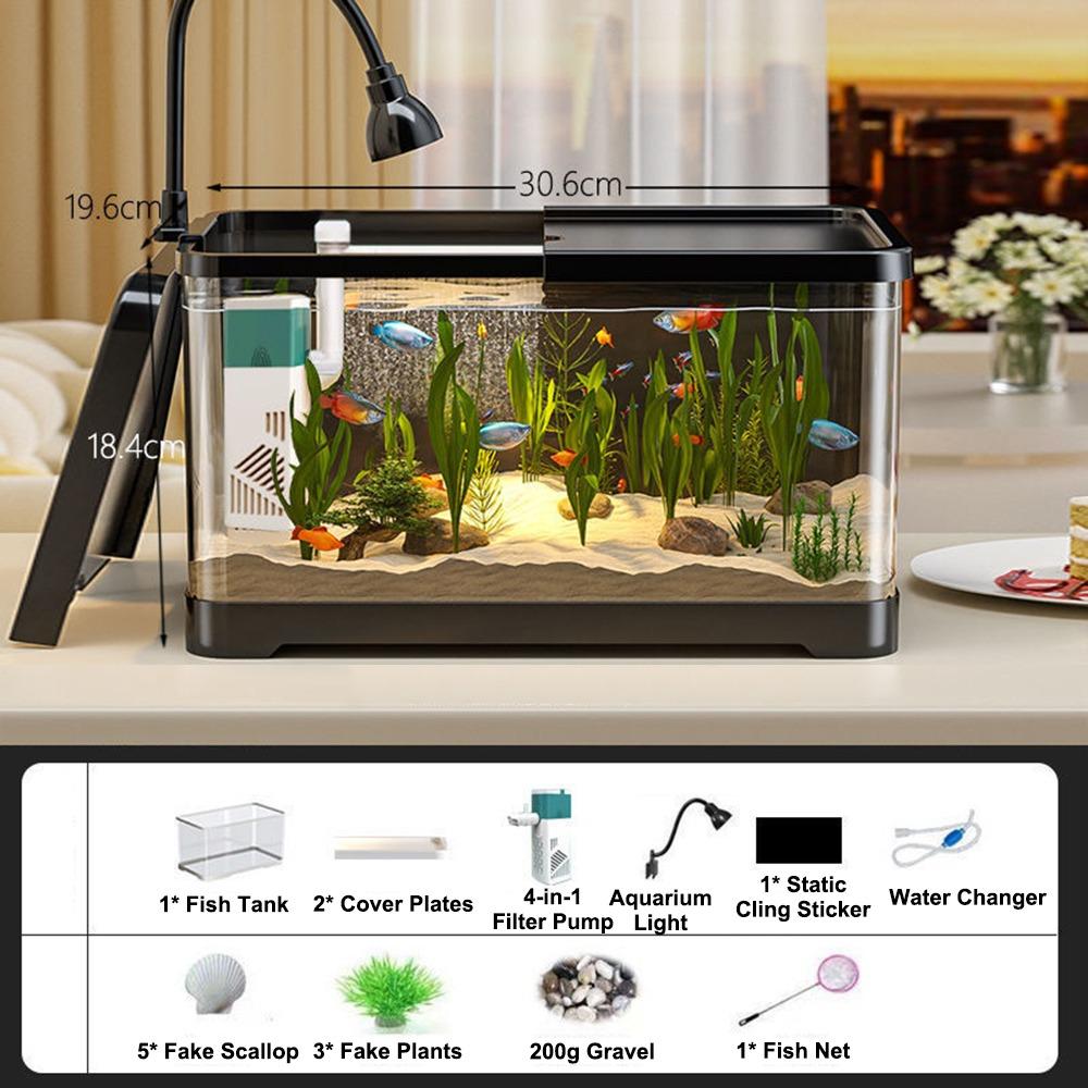 with LED Lighting Fish Tank Clear Desk Aquarium Set Durable Turtle Tank  for Fish Decor
