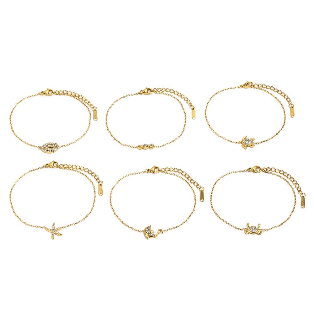 Stainless Steel Sea Turtle Starfish Seahorse Pendant Gold Color Chain Bracelet for Women Luxury Rhinestone Summer Ocean Jewelry