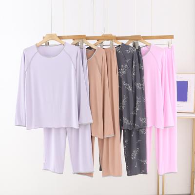 Solid Color Modal Women's Sleepwear Four Season Long Sleeved Pants Round Neck Pullover Home Suit Set with Fashionable Splicing