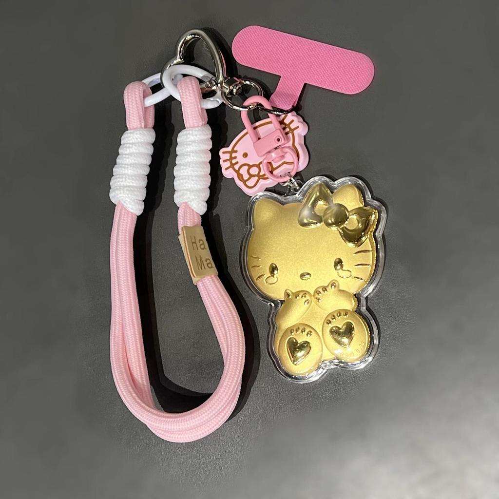 Solid Gold Hello Kitty Cat Pendant Keychain Charm for Mobile Phone or Bag