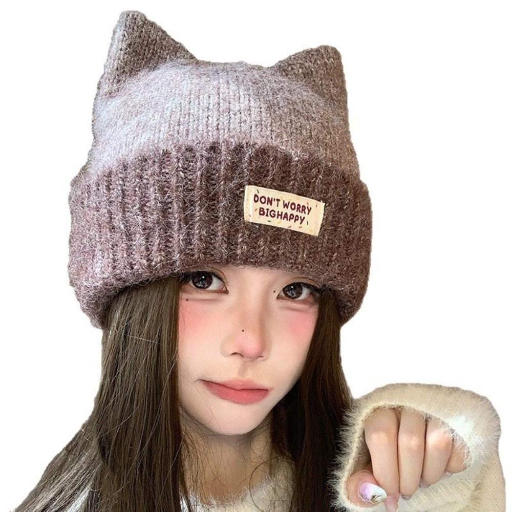 56-58cm Fleece Lined Knitted Hat Polyester Earflap Hat Casual Cat Ear Beanie For Students