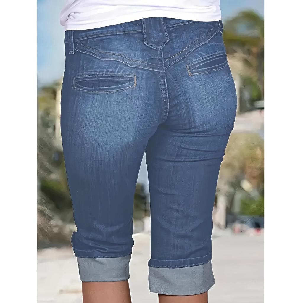 Plus Size Women's Slim Fit Elastic Cuffed Denim Bermuda Shorts
