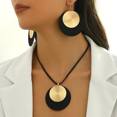 1/3pc Women Large Round Earrings Collar Necklace Set Exaggerated PU Rope Chains Metal Geometric Pendant Jewelry