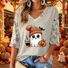 Women's V-Neck Halloween Print Casual Three-Quarter Sleeve Top