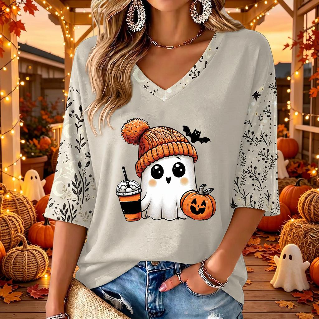 Women's V-Neck Halloween Print Casual Three-Quarter Sleeve Top