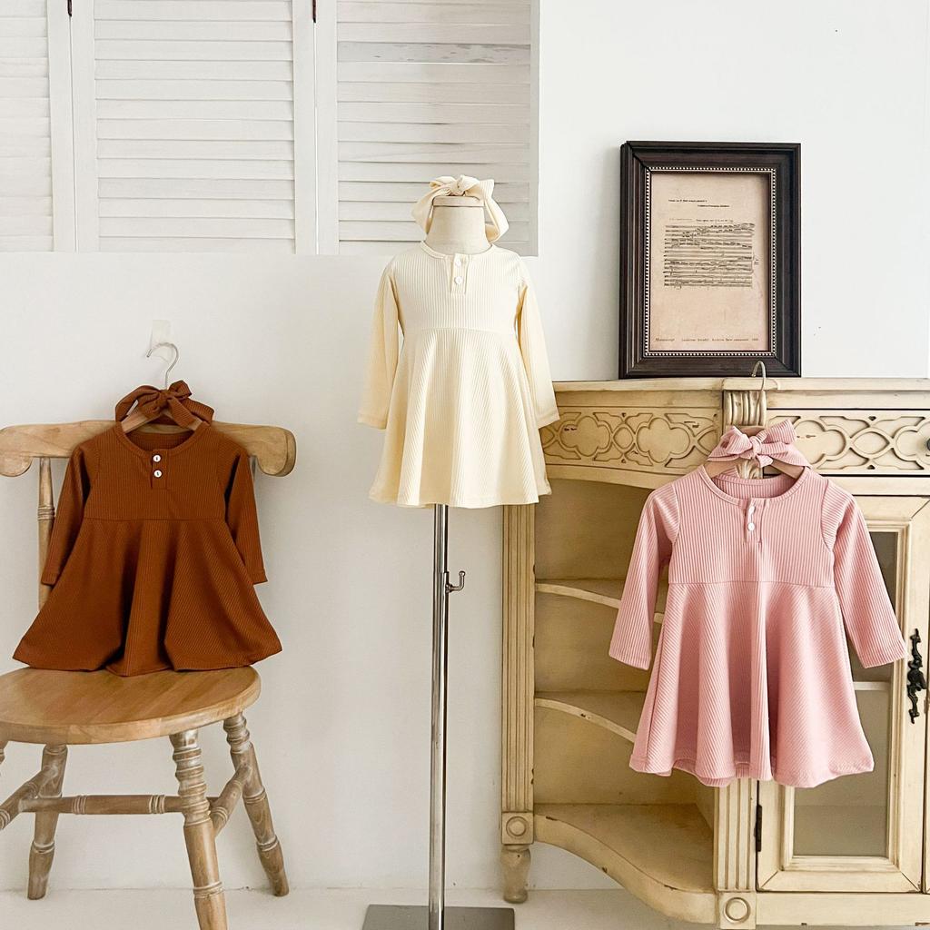 Girls Spring Autumn Ribbed Long Sleeve Dress Solid Button Front Round Neck Casual Chic Kids Clothing