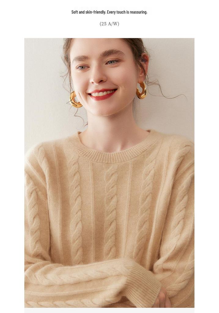 Women's Cashmere Sweater - Cable Knit, Slim Fit, Round Neck, Long Sleeve, Solid Color, Elegant Autumn/Winter Top