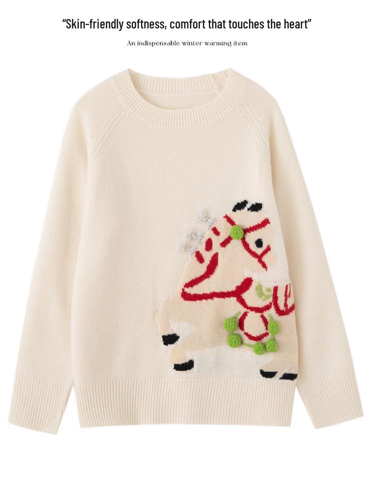 Women's Pure Wool Round Neck Knit Sweater with Handmade Embroidery - Autumn/Winter Loose Fit Cashmere Top